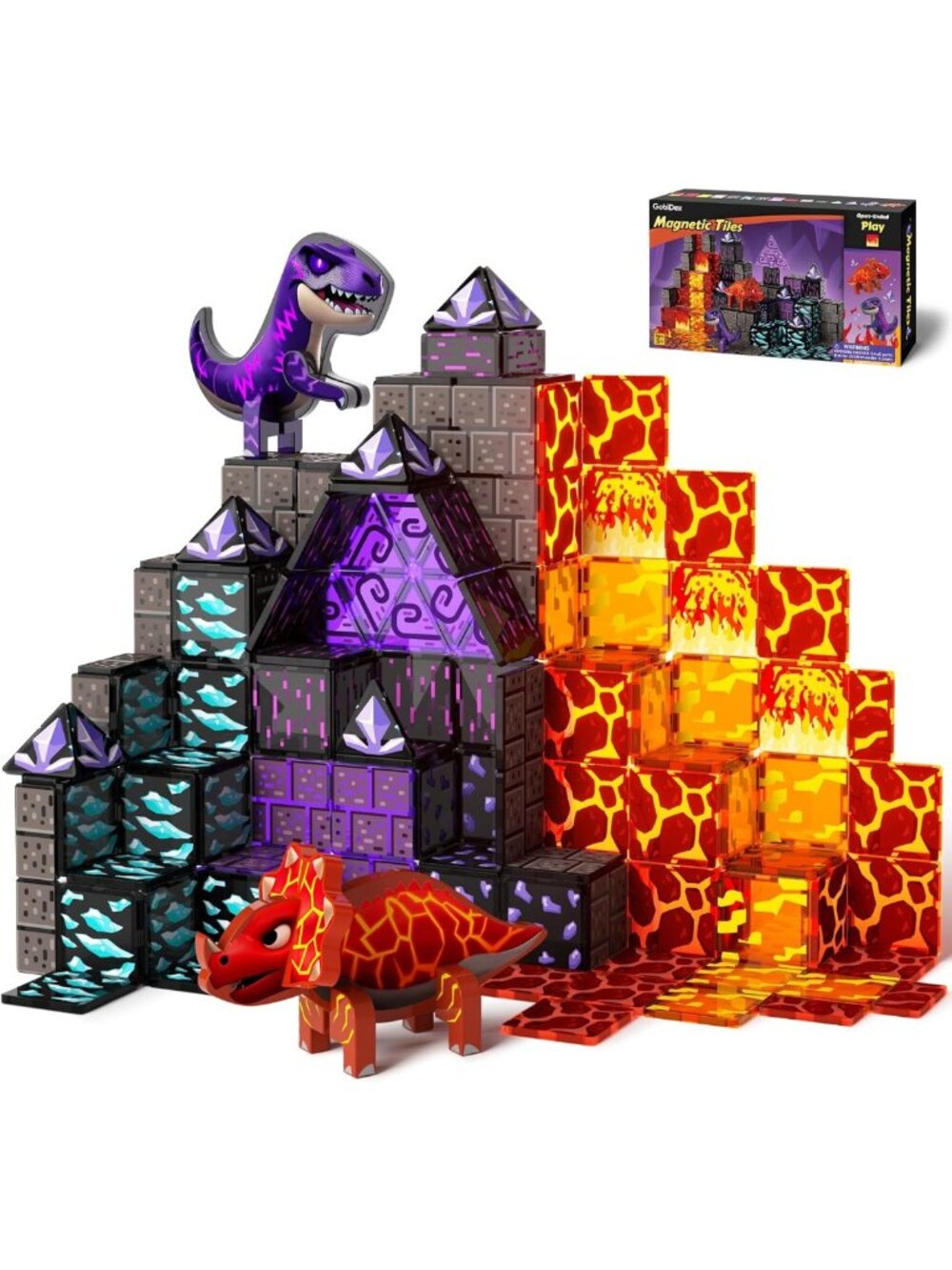 Magnetic Dinosaur Building Tiles Set for Kids 3-7 | Lava & Cave Play Fun